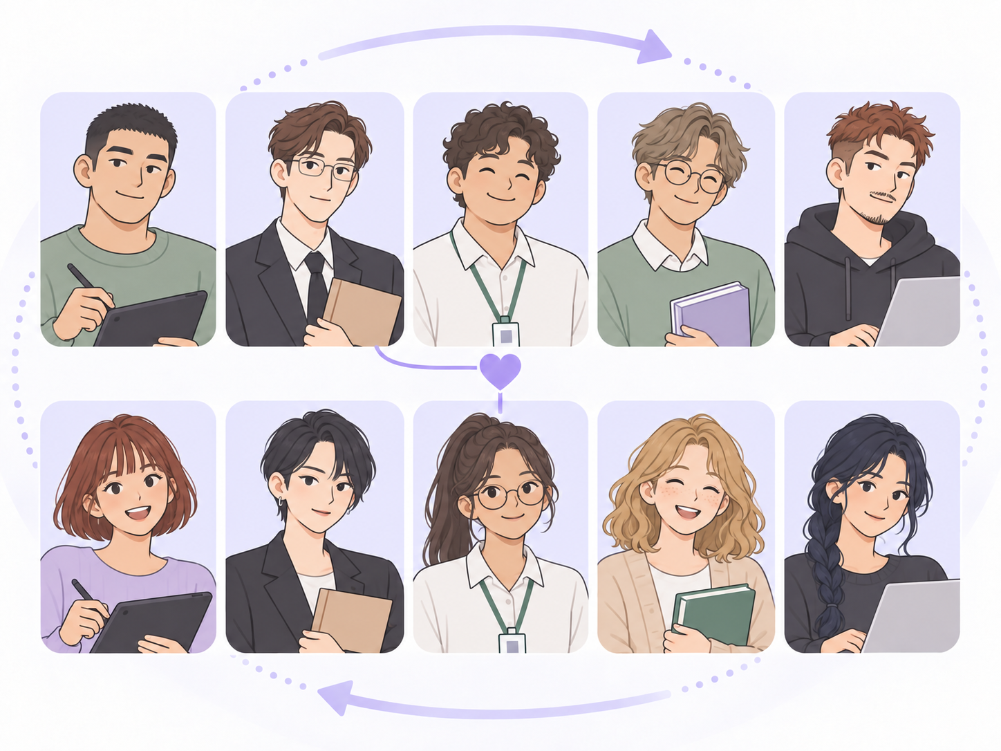 디자이너, 변호사, 공무원, 선생님, 프로그래머를 표현한 서로 다른 남녀 캐릭터의 5:5 로테이션 매칭