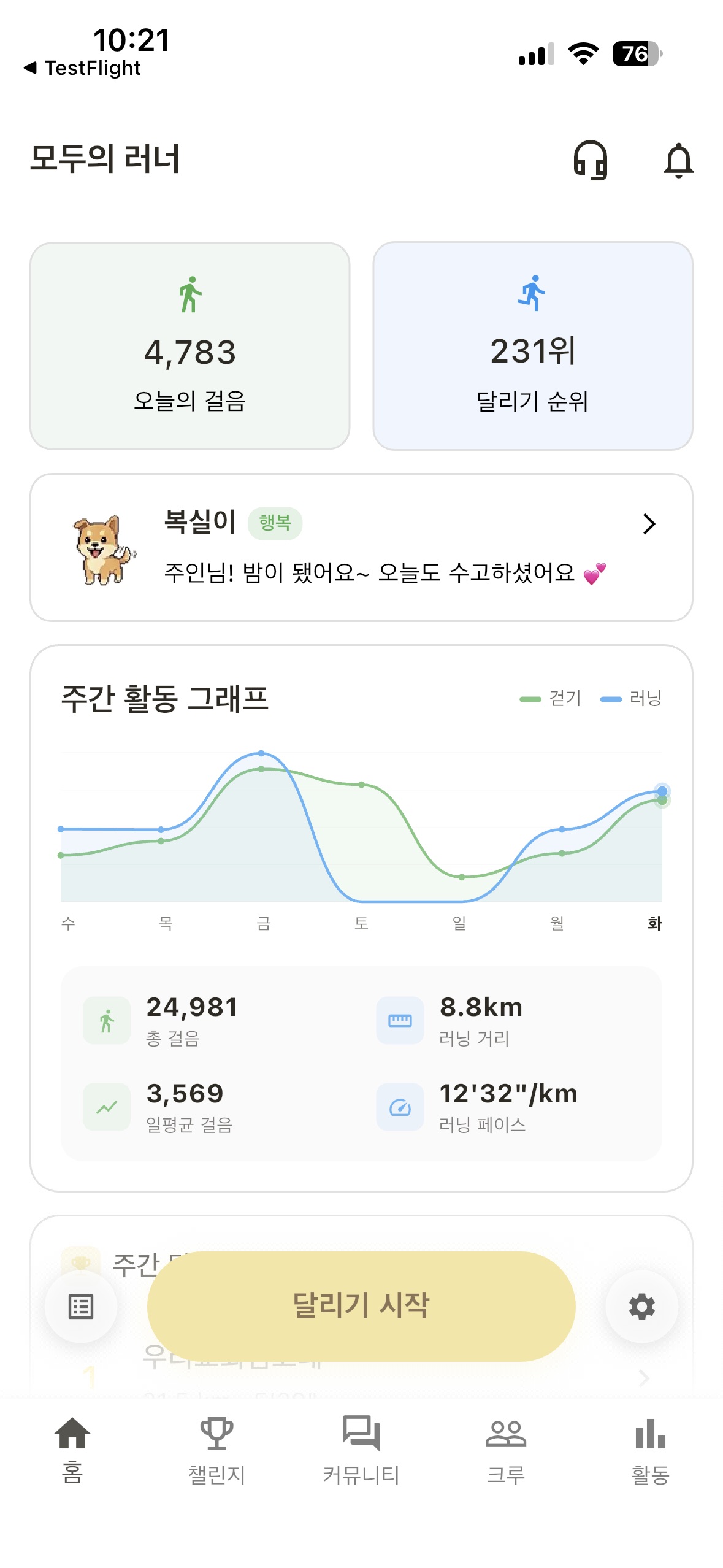 홈 — 활동 대시보드와 AI 펫